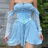 Hnewly French Romance Sexy Backless Mini Dresses Chic Women Off Shoulder Full Sleeve Corset Pleated